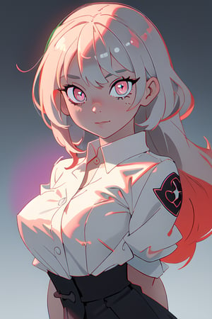 1girl,looking_at_viewer , chromatic_aberration, red, black, white, gray, manga style, cell shading,no_humans, fantastic art, oli paint, arms_in_back, detailed_face, face, beautiful eyes, symbol_shaped_pupils,city, beatiful anatomy, random pose in every generation,modeus(helltaker), upbody view