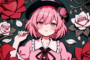 detailed_background,indoors,(limited_palette:1.3),heart_hair_ornament,haruki_(colorful_macaron),expressionless,blush,blouse,collarbone,1girl,shirt,blue_shirt,pink_eyes,black_hairband,upper_body,short_hair,komeiji_satori,:/,touhou,red_rose,pink_skirt,petals,flower,closed_mouth,rose,ribbon_trim,frills,buttons,looking_at_viewer,hand_on_own_face,frilled_shirt_collar,hair_ornament,hairband,third_eye,hand_on_own_cheek,rose_petals,hand_up,solo,heart,pink_hair,skirt,dutch_angle,lying,heart_button,lips,red_flower,on_back, green headwear, long dress, hat flower, vines,frankie_wai,beautiful art, good anatomy, detailed eyes, good eyes, well drawn eyes, detaled hands, 5 fingers in hand, well drawn hand.,hair over eyes