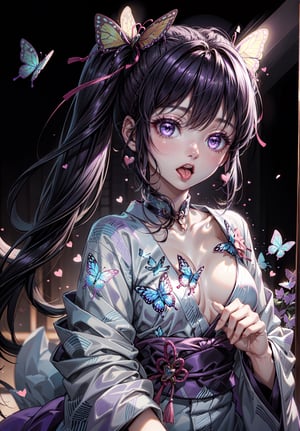 masterpiece, (pink kimono), seductive face, good lighting, décolleté, small details, masterpiece, glowing eyes, 1girl, black hair, on face, wisteria background, masterpiece, best quality, POV, erotica,cleavage,(heart-shaped light blue eyes), night, tongue out, long tongue,ahegao,Heart-shaped pupils,Behavior: open mouth,((open mouth)),cleavage:1.5,((kanao tsuyuri, black hair, butterfly, butterfly hair ornament, (purple eyes:1.1), side ponytail, ponytail,))