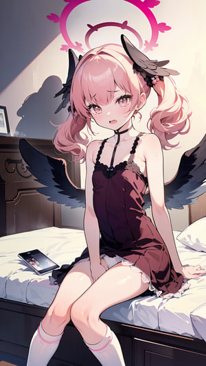 ((koharu, pink hair, medium hair, twintails, tied hair, pink eyes, halo,ow wings, head wings, )),

super fine illustration, solo, dynamic angle, an extremely cute and beautiful girl, highly detailed beautiful face and eyes, (masterpiece:1.2), (best quality:1.2), wallpaper 8k CG, very precise detailed, highres, look at viewer, 1girl, extremely delicate and beautiful girl, a extremely delicate and beautiful girl, anime screenshot, rembrandt lighting, Kyoto Animation style, medium long shot, girls' front, solo focus, (sitting, sitting on the bed, overlap her arms in front of her body:1.3), extremely detailed body, neat figure, girlan extremely delicate and beautiful girl, young girl, BREAK, one side up, detailed short hair, parted bangs, dark brown hair, beautiful detailed hair, clear face, open mouth, bright pupils, delicate arms and hands, slim legs, brown eyes, authentic skin texture, (flat chest, small breasts, ruffled dress, pink dress, sleeveless dress, detached sleeves, kneehighs, white kneehighs, flowing lace, bare shoulder, skirt lift, lifted by self, panty shot, panties, pure white panties, (pee, peeing, piss, pissing, peeing self), omorashi, pee-soaked panties, pee stain panties, steam, bow panties:1.3), socks, BREAK, indoors, (bedroom, on bed, stuffed toy, table, smartphone, magazine, fashion magazine, bright room:1.3), cinematic lighting, refined rendering, gorgeous and rich graphics, extremely detailed,