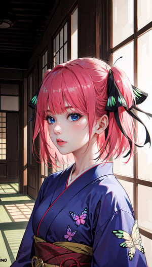 ((nino nakano, short hair, bangs, blue eyes, hair ornament, hair ribbon, pink hair, blunt bangs, two side up, butterfly hair ornament,,,))

masterpiece, best quality, extremely detailed, absurdres, expressive clothes, fine fabric emphasis, ray tracing, fantasy style, 1girl, upper body, portrait, tilted head, hanfu, obi, kimono, (split-color hair:1.4), off shoulder, , Japanese architecture, indoor, light and shadow, crystal flower, crystal,