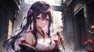 ((yuri, purple eyes, purple hair, hair between eyes, hairclip, long hair,)),

masterpiece, best quality, extremely detailed, absurdres, expressive clothes, fine fabric emphasis, ray tracing, fantasy style, 1girl , upper body , portrait , tilted head , hanfu , obi , kimono , (split-color hair:1.4) , off shoulder, pink eyes , Japanese architecture, indoor , light and shadow, crystal flower, crystal,solid warm colors,1 girl, goose feather snow, plum blossom, Arcadia,school uniform