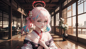 ((koharurnd ,))

masterpiece, best quality, extremely detailed, absurdres, expressive clothes, fine fabric emphasis, ray tracing, fantasy style, 1girl, upper body, portrait, tilted head, hanfu, obi, kimono, (split-color hair:1.4), off shoulder, , Japanese architecture, indoor, light and shadow, crystal flower, crystal,