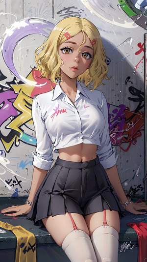 ((Sakura, blonde hair, hair ornament, hairclip, brown eyes, dark skin, breasts,))

masterpiece:1.2, (masterpiece:1.3), (best quality:1.3), high resolution, master-piece, bestquality, 1girls, 15 years old, Twintail hairstyle, proportional body, crop top, oversized breasts, crop top, miniskirt, thighhighs, (Graffiti:1.5), sitting Splash with purple lightning pattern., arm behind back, against wall, View viewers from the front., Thigh strap, Head tilt, bored, , girl,Sakura, blonde hair