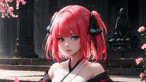 ((nino nakano, short hair, bangs, blue eyes, hair ornament, hair ribbon, pink hair, blunt bangs, two side up, butterfly hair ornament,)),

masterpiece, best quality, extremely detailed, absurdres, expressive clothes, fine fabric emphasis, ray tracing, fantasy style, 1girl , upper body , portrait , tilted head , hanfu , obi , kimono , (split-color hair:1.4) , off shoulder, pink eyes , Japanese architecture, indoor , light and shadow, crystal flower, crystal,solid warm colors,1 girl, goose feather snow, plum blossom, Arcadia,school uniform