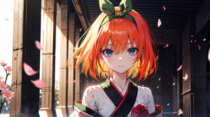 (( yotsuba nakano, bangs, short hair, blue eyes, hair between eyes, hair ribbon, hairband, orange hair, green ribbon,,)),

masterpiece, best quality, extremely detailed, absurdres, expressive clothes, fine fabric emphasis, ray tracing, fantasy style, 1girl , upper body , portrait , tilted head , hanfu , obi , kimono , (split-color hair:1.4) , off shoulder, pink eyes , Japanese architecture, indoor , light and shadow, crystal flower, crystal,solid warm colors,1 girl, goose feather snow, plum blossom, Arcadia,school uniform