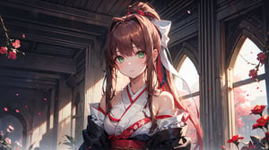 ((monika, green eyes, brown hair, very long hair, ponytail, hair ribbon, white ribbon,)),

masterpiece, best quality, extremely detailed, absurdres, expressive clothes, fine fabric emphasis, ray tracing, fantasy style, 1girl , upper body , portrait , tilted head , hanfu , obi , kimono , (split-color hair:1.4) , off shoulder, pink eyes , Japanese architecture, indoor , light and shadow, crystal flower, crystal,solid warm colors,1 girl, goose feather snow, plum blossom, Arcadia,school uniform