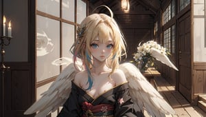 ((filo, blonde hair, ahoge, hair ornament, flat chest, bangs, long hair,angel wings))masterpiece:1.2,(masterpiece:1.3), (best quality:1.3), high resolution, 

masterpiece, best quality, extremely detailed, absurdres, expressive clothes, fine fabric emphasis, ray tracing, fantasy style, 1girl, upper body, portrait, tilted head, hanfu, obi, kimono, (split-color hair:1.4), off shoulder, , Japanese architecture, indoor, light and shadow, crystal flower, crystal