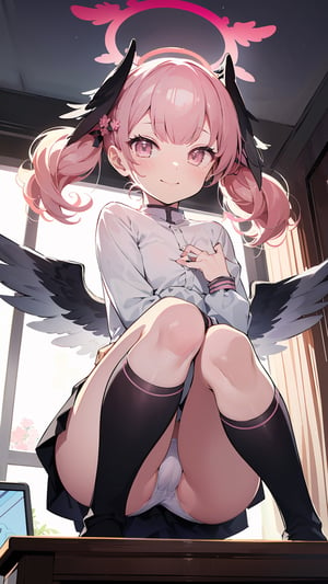 ((koharu, pink hair, medium hair, twintails, tied hair, pink eyes, halo,ow wings, head wings, )),

masterpiece, table top、highest quality、High resolution、1 girl、alone、low length、thin legs、shy、smile、blush、big 、long twin tails、visor cap、pink ribbon、white shirt、(white panties with detailed decorations)、clock、Bedroom、A photo of the subject taken from below、(Change of clothes、filming her from below)、black tights、legs closed、Crouching panty shot