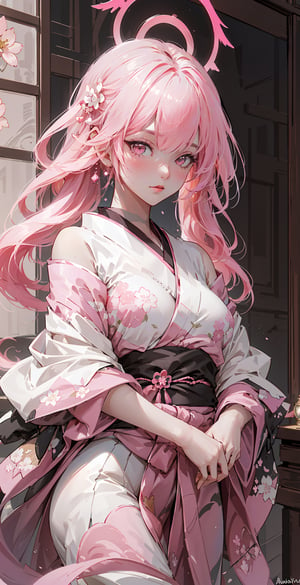 ((koharurnd `pink hair,))

masterpiece, best quality, extremely detailed, absurdres, expressive clothes, fine fabric emphasis, ray tracing, fantasy style, 1girl, upper body, portrait, tilted head, hanfu, obi, kimono, (split-color hair:1.4), off shoulder, , Japanese architecture, indoor, light and shadow, crystal flower, crystal,