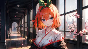 (( yotsuba nakano, bangs, short hair, blue eyes, hair between eyes, hair ribbon, hairband, orange hair, green ribbon,,)),

masterpiece, best quality, extremely detailed, absurdres, expressive clothes, fine fabric emphasis, ray tracing, fantasy style, 1girl , upper body , portrait , tilted head , hanfu , obi , kimono , (split-color hair:1.4) , off shoulder, pink eyes , Japanese architecture, indoor , light and shadow, crystal flower, crystal,solid warm colors,1 girl, goose feather snow, plum blossom, Arcadia,school uniform