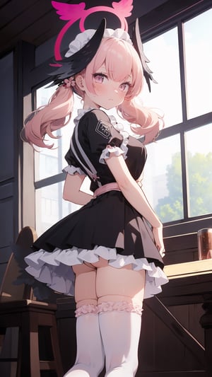 ((koharu, pink hair, medium hair, twintails, tied hair, pink eyes, halo,ow wings, head wings, )),

masterpiece, (1girl:1.3), apron, bow, cube hair ornament, dress, frills, gloom (expression), hair ornament, long hair, (looking away), maid, maid apron, maid headdress, mary janes, one side up, pink hair, shaded face, shoes, short dress, solo, sweatdrop, thighhighs, white thighhighs, medium breast, hand on hip, portrait,panty peek,