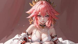 ((1girl, Yae miko,))

(masterpiece:1.3), (best quality:1.3), high resolution, master-piece, bestquality, 1girls,15 years old, (masterpiece:1.2, best quality,), (Soft light), (shiny skin), 1girls, off shoulders,hair, between breasts, medium breast, breasts, choker, cleavage, collarbone, hair, looking at viewer, pink background, facing breasts, , womb tattoo,solo, female_solo,1 girl, 1 girl, one girl,upper_body,upper body,,sketch,