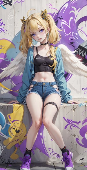 ((filo, blonde hair, ahoge, hair ornament, flat chest, bangs, long hair,angel wings))masterpiece:1.2,(masterpiece:1.3), (best quality:1.3), high resolution, 

master-piece, bestquality, 1girls,15 years old, Twintail hairstyle, proportional body, crop top, Long Jeans, oversized breasts, ,bara, crop top, shorts jeans, choker, (Graffiti:1.5),sitting on the floor, Splash with purple lightning pattern., arm behind back, against wall, View viewers from the front., Thigh strap, Head tilt, bored,,girl,polychrome