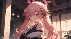 ((koharu, pink hair, medium hair, twintails, tied hair, pink eyes, halo,)),

masterpiece, best quality, extremely detailed, absurdres, expressive clothes, fine fabric emphasis, ray tracing, fantasy style, 1girl , upper body , portrait , tilted head , hanfu , obi , kimono , (split-color hair:1.4) , off shoulder, pink eyes , Japanese architecture, indoor , light and shadow, crystal flower, crystal,solid warm colors,1 girl, goose feather snow, plum blossom, Arcadia