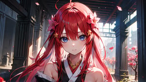 (( itsuki nakano, bangs, blue eyes, hair between eyes, ahoge, red hair, star \(symbol\), hair ornament, star hair,,)),

masterpiece, best quality, extremely detailed, absurdres, expressive clothes, fine fabric emphasis, ray tracing, fantasy style, 1girl , upper body , portrait , tilted head , hanfu , obi , kimono , (split-color hair:1.4) , off shoulder, pink eyes , Japanese architecture, indoor , light and shadow, crystal flower, crystal,solid warm colors,1 girl, goose feather snow, plum blossom, Arcadia,school uniform