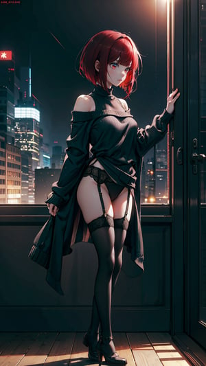 (arima_kana, short hair, red hair, red eyes,)) (masterpiece, best quality, 8k, highly detailed, highres, ultra-detailed, perfect eyes, sharp focus, depth of field, cinematic lighting, veil) Describe a scene with a young woman standing upright,in profile, Her posture exudes sensuality, accentuating her figure, off-the-shoulder long wool sweater,full body, starding,stockings and garter belt set