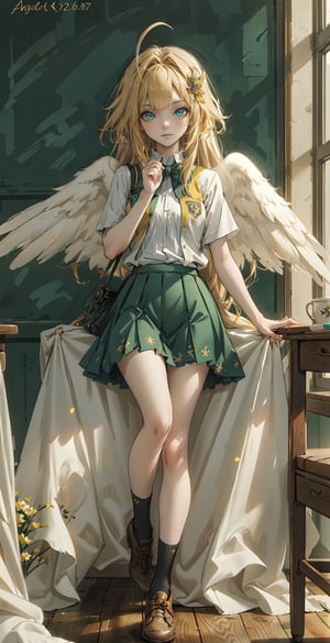 ((filo, blonde hair, ahoge, hair ornament, flat chest, bangs, long hair,angel wings))masterpiece:1.2,(masterpiece:1.3), (best quality:1.3), high resolution, 

BREAK skirt, shirt, bow, ribbon, school uniform, white shirt, short sleeves, pleated skirt, shoes, socks, collared shirt, miniskirt, bowtie, black footwear, kneehighs, green skirt, black socks, loafers, green bow, sweater vest, green ribbon,, BREAK indoors, classroom, BREAK looking at viewer, BREAK (masterpiece:1.2), best quality, high resolution, unity 8k wallpaper, (illustration:0.8), (beautiful detailed eyes:1.6), extremely detailed face, perfect lighting, extremely detailed CG, (perfect hands, perfect anatomy),, dynamic pose, ,,girl,polychrome