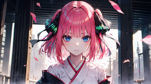 ((nino nakano, short hair, bangs, blue eyes, hair ornament, hair ribbon, pink hair, blunt bangs, two side up, butterfly hair ornament,)),

masterpiece, best quality, extremely detailed, absurdres, expressive clothes, fine fabric emphasis, ray tracing, fantasy style, 1girl , upper body , portrait , tilted head , hanfu , obi , kimono , (split-color hair:1.4) , off shoulder, pink eyes , Japanese architecture, indoor , light and shadow, crystal flower, crystal,solid warm colors,1 girl, goose feather snow, plum blossom, Arcadia,school uniform