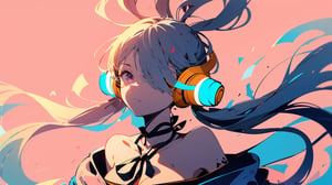 ((uta_onepiece, long hair, headphones, ribbon, twintails,))

(masterpiece:1.3), (best quality:1.3), high resolution, master-piece, bestquality, 1girls,15 years old, (masterpiece:1.2, best quality,), (Soft light), (shiny skin), 1girls, off shoulders,hair, between breasts, medium breast, breasts, choker, cleavage, collarbone, hair, looking at viewer, pink background, facing breasts, , womb tattoo,solo, female_solo,1 girl, 1 girl, one girl,upper body,,sketch,portrait, illustration, fcloseup, face, rgbcolor, emotion