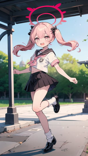 ((koharu, pink hair, medium hair, twintails, tied hair, pink eyes, halo)), upper_teeth,

long hair, jewelry, 1girl, solo, looking at viewer, standing, full body,bottomless,masterpiece, ((blurry background)), :),masterpiece, school_uniform, high school, jk, summer,short top, serafuku, jump, black mary jane shoes, white socks ,