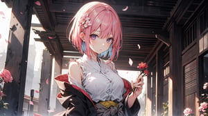((NAKANO ICHIKA, PINK HAIR, SHORT HAIR, CARDIGAN AROUND WAIST,)),

masterpiece, best quality, extremely detailed, absurdres, expressive clothes, fine fabric emphasis, ray tracing, fantasy style, 1girl , upper body , portrait , tilted head , hanfu , obi , kimono , (split-color hair:1.4) , off shoulder, pink eyes , Japanese architecture, indoor , light and shadow, crystal flower, crystal,solid warm colors,1 girl, goose feather snow, plum blossom, Arcadia,school uniform