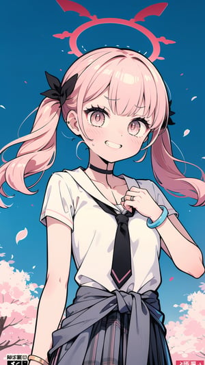 ((koharu, pink hair, medium hair, twintails, tied hair, pink eyes, halo)), upper_teeth,

masterpiece, best quality, upper body, 1girl, black choker, black necktie, blue skirt, blush, bracelet, choker, clothes around waist, collarbone, collared shirt, cowboy shot, dress shirt, ear piercing, eyebrows visible through hair, gradient hair, grin, gyaru, jewelry, kogal, looking at viewer, loose necktie, necktie, piercing, plaid, plaid skirt, pleated skirt, ring, school uniform, shirt, skirt, smile, solo, white shirt, street, sky, cherry blossoms, petals,illustration, (magazine:1.3), (cover-style:1.3), fashionable, woman, vibrant, outfit, posing, front, colorful, dynamic, background, elements, confident, expression, holding, statement, accessory, majestic, coiled, around, touch, scene, text, cover, bold, attention-grabbing, title, stylish, font, catchy, headline, larger, striking, modern, trendy, focus, fashion