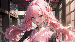 ((koharurnd `pink hair,))

masterpiece, best quality, extremely detailed, absurdres, expressive clothes, fine fabric emphasis, ray tracing, fantasy style, 1girl, upper body, portrait, tilted head, hanfu, obi, kimono, (split-color hair:1.4), off shoulder, , Japanese architecture, indoor, light and shadow, crystal flower, crystal,