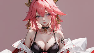 ((1girl, Yae miko,))

(masterpiece:1.3), (best quality:1.3), high resolution, master-piece, bestquality, 1girls,15 years old, (masterpiece:1.2, best quality,), (Soft light), (shiny skin), 1girls, off shoulders,hair, between breasts, medium breast, breasts, choker, cleavage, collarbone, lingerie, looking at viewer, pink background, facing breasts, , womb tattoo,solo, female_solo,1 girl, 1 girl, one girl,upper_body,upper body,,sketch,