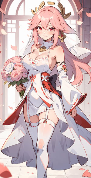 ((Yae miko,)) girl, an anime girl in a wedding dress, 1girl, bouquet, solo, long hair, breasts, wedding dress, pink hair, red eyes, thigh highs, bridal veil, holding bouquet, cleavage:2, standing, looking at viewer, legs open,Pro Lighting,1 girl,