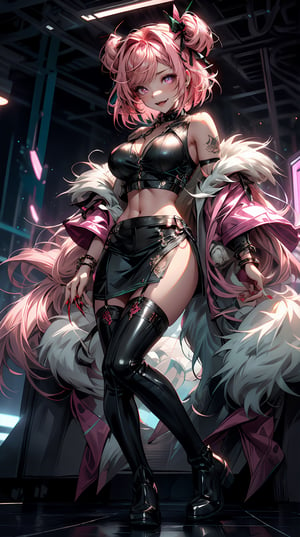 (natsuki, pink eyes, pink hair, two side up, hair ornament, hair ribbon),werewolf girl, ((fluffy skin)), paws on foots, fluffy fur on body, ((fangs)), ((claws)), tight crop top, cleavage, decolette, huge metal bracelets, huge metal collar, high over-the-knee boots, light green extremely_detailed_(lacy, fur, silk, satin)_(clothing, skirt), (light green clothing), detailed face, detailed beautiful shiny eyes, slit pupils, metallic reflections, futuristic city square, (tatooed, marked)_fit_muscular_body, (((1girl))), portrait, (full body), natural breasts, medium length hair, masterpiece, best quality, beautiful and aesthetic:1.2, fractal art:1.4, 16K, HDR, RTX, Ray Tracing, Radiosity, Anisotropic Filtering, Subsurface Scattering,midjourney