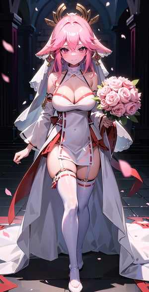 ((Yae miko,)) girl, an anime girl in a wedding dress, 1girl, bouquet, solo, long hair, breasts, wedding dress, pink hair, red eyes, thigh highs, bridal veil, holding bouquet, cleavage:2, standing, looking at viewer, legs open,Pro Lighting,1 girl,