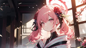 ((koharu, pink hair, medium hair, twintails, tied hair, pink eyes, halo,)),

masterpiece, best quality, extremely detailed, absurdres, expressive clothes, fine fabric emphasis, ray tracing, fantasy style, 1girl , upper body , portrait , tilted head , hanfu , obi , kimono , (split-color hair:1.4) , off shoulder, pink eyes , Japanese architecture, indoor , light and shadow, crystal flower, crystal,solid warm colors,1 girl, goose feather snow, plum blossom, Arcadia