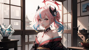 ((koharurnd ,))

masterpiece, best quality, extremely detailed, absurdres, expressive clothes, fine fabric emphasis, ray tracing, fantasy style, 1girl, upper body, portrait, tilted head, hanfu, obi, kimono, (split-color hair:1.4), off shoulder, , Japanese architecture, indoor, light and shadow, crystal flower, crystal,