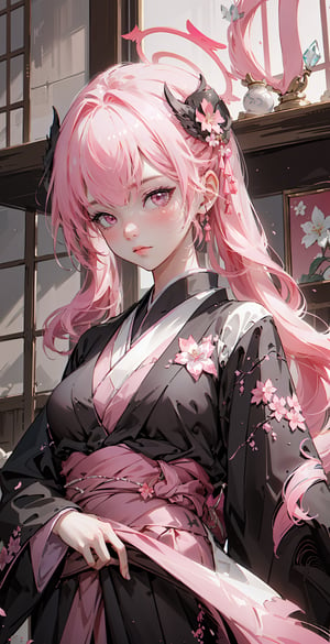 ((koharurnd `pink hair,))

masterpiece, best quality, extremely detailed, absurdres, expressive clothes, fine fabric emphasis, ray tracing, fantasy style, 1girl, upper body, portrait, tilted head, hanfu, obi, kimono, (split-color hair:1.4), off shoulder, , Japanese architecture, indoor, light and shadow, crystal flower, crystal,