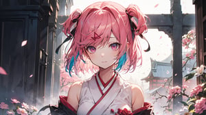 ((natsuki, pink eyes, pink hair, two side up, hair ornament, hair ribbon,)),

masterpiece, best quality, extremely detailed, absurdres, expressive clothes, fine fabric emphasis, ray tracing, fantasy style, 1girl , upper body , portrait , tilted head , hanfu , obi , kimono , (split-color hair:1.4) , off shoulder, pink eyes , Japanese architecture, indoor , light and shadow, crystal flower, crystal,solid warm colors,1 girl, goose feather snow, plum blossom, Arcadia,school uniform