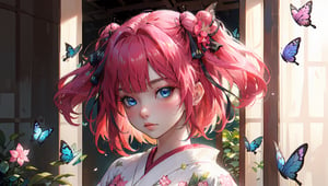 ((nino nakano, short hair, bangs, blue eyes, hair ornament, hair ribbon, pink hair, blunt bangs, two side up, butterfly hair ornament,,,))

masterpiece, best quality, extremely detailed, absurdres, expressive clothes, fine fabric emphasis, ray tracing, fantasy style, 1girl, upper body, portrait, tilted head, hanfu, obi, kimono, (split-color hair:1.4), off shoulder, , Japanese architecture, indoor, light and shadow, crystal flower, crystal,