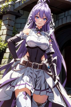 masterpiece, best quality, ultra-detailed, beautiful detailed eyes, extremely detailed eyes and face, 1girl, kurehaclyret, hair ribbon, armor, breastplate, ahoge, elbow gloves, belt, white skirt, pleated skirt, thigh boots, purple footwear, ((large breasts)), standing, looking at viewer, smiling, forest, cowboy shot, upper body, 