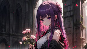 ((fern, long hair, bangs, (purple eyes:1.1), purple hair, sidelocks, blunt bangs, bright pupils, half updo,,,)),

masterpiece, best quality, extremely detailed, absurdres, expressive clothes, fine fabric emphasis, ray tracing, fantasy style, 1girl , upper body , portrait , tilted head , hanfu , obi , kimono , (split-color hair:1.4) , off shoulder, pink eyes , Japanese architecture, indoor , light and shadow, crystal flower, crystal,solid warm colors,1 girl, goose feather snow, plum blossom, Arcadia,school uniform,hoshino ai,mikan yuuki,Frieren: Beyond Journey's End