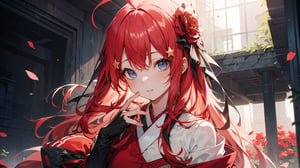 ((NAKANO ITSUKI, RED HAIR, LONG HAIR, STAR HAIR ORNAMENT, AHOGE, RED SWEATER,,)),

masterpiece, best quality, extremely detailed, absurdres, expressive clothes, fine fabric emphasis, ray tracing, fantasy style, 1girl , upper body , portrait , tilted head , hanfu , obi , kimono , (split-color hair:1.4) , off shoulder, pink eyes , Japanese architecture, indoor , light and shadow, crystal flower, crystal,solid warm colors,1 girl, goose feather snow, plum blossom, Arcadia,school uniform