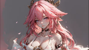 ((1girl, Yae miko,))

(masterpiece:1.3), (best quality:1.3), high resolution, master-piece, bestquality, 1girls,15 years old, (masterpiece:1.2, best quality,), (Soft light), (shiny skin), 1girls, off shoulders,hair, between breasts, medium breast, breasts, choker, cleavage, collarbone, hair, looking at viewer, pink background, facing breasts, , womb tattoo,solo, female_solo,1 girl, 1 girl, one girl,upper_body,upper body,,sketch,