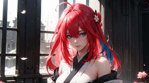 (( itsuki nakano, bangs, blue eyes, hair between eyes, ahoge, red hair, star \(symbol\), hair ornament, star hair,,)),

masterpiece, best quality, extremely detailed, absurdres, expressive clothes, fine fabric emphasis, ray tracing, fantasy style, 1girl , upper body , portrait , tilted head , hanfu , obi , kimono , (split-color hair:1.4) , off shoulder, pink eyes , Japanese architecture, indoor , light and shadow, crystal flower, crystal,solid warm colors,1 girl, goose feather snow, plum blossom, Arcadia,school uniform