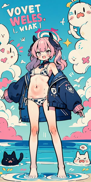 ((Koharurnd,black line,)),full_body:1.5,mature female, realistic, high quality, 1 girl in, cat ears,pink hair, large hair, wavy hair, saliva, cow print bikini, medium breasts, liar, (arms behind your head), legs open,Pro Lighting,1 girl,cartoon