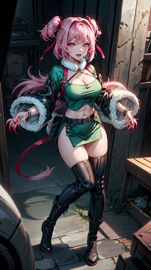 (natsuki, pink eyes, pink hair, two side up, hair ornament, hair ribbon),werewolf girl, ((fluffy skin)), paws on foots, fluffy fur on body, ((fangs)), ((claws)), tight crop top, cleavage, decolette, huge metal bracelets, huge metal collar, high over-the-knee boots, light green extremely_detailed_(lacy, fur, silk, satin)_(clothing, skirt), (light green clothing), detailed face, detailed beautiful shiny eyes, slit pupils, metallic reflections, futuristic city square, (tatooed, marked)_fit_muscular_body, (((1girl))), portrait, (full body), natural breasts, medium length hair, masterpiece, best quality, beautiful and aesthetic:1.2, fractal art:1.4, 16K, HDR, RTX, Ray Tracing, Radiosity, Anisotropic Filtering, Subsurface Scattering,