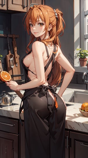 ,medium breasts,wearing nude_kitchen_apron, wearing kitchen_apron,ass,nude_ass rear view, cowboy_shot, looking back,  standing in a kitchen, smiling, ,kouko_kaga, dark orange hair, dark eyes, long hair,