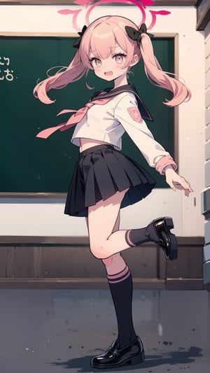 ((koharu, pink hair, medium hair, twintails, tied hair, pink eyes, halo)), upper_teeth,

long hair, jewelry, 1girl, solo, looking at viewer, standing, full body,bottomless,masterpiece, ((blurry background)), :),masterpiece, school_uniform, high school, jk, summer,short top, serafuku, jump, black mary jane shoes, white socks ,