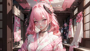 ((koharurnd `pink hair,))

masterpiece, best quality, extremely detailed, absurdres, expressive clothes, fine fabric emphasis, ray tracing, fantasy style, 1girl, upper body, portrait, tilted head, hanfu, obi, kimono, (split-color hair:1.4), off shoulder, , Japanese architecture, indoor, light and shadow, crystal flower, crystal,