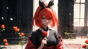 (( yotsuba nakano, bangs, short hair, blue eyes, hair between eyes, hair ribbon, hairband, orange hair, green ribbon,,)),

masterpiece, best quality, extremely detailed, absurdres, expressive clothes, fine fabric emphasis, ray tracing, fantasy style, 1girl , upper body , portrait , tilted head , hanfu , obi , kimono , (split-color hair:1.4) , off shoulder, pink eyes , Japanese architecture, indoor , light and shadow, crystal flower, crystal,solid warm colors,1 girl, goose feather snow, plum blossom, Arcadia,school uniform