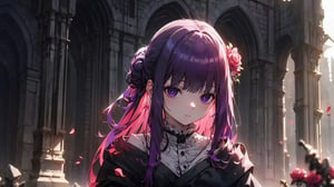 ((fern, long hair, bangs, (purple eyes:1.1), purple hair, sidelocks, blunt bangs, bright pupils, half updo,,,)),

masterpiece, best quality, extremely detailed, absurdres, expressive clothes, fine fabric emphasis, ray tracing, fantasy style, 1girl , upper body , portrait , tilted head , hanfu , obi , kimono , (split-color hair:1.4) , off shoulder, pink eyes , Japanese architecture, indoor , light and shadow, crystal flower, crystal,solid warm colors,1 girl, goose feather snow, plum blossom, Arcadia,school uniform,hoshino ai,mikan yuuki,Frieren: Beyond Journey's End