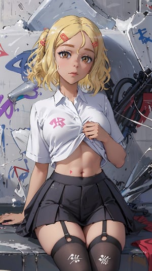 ((Sakura, blonde hair, hair ornament, hairclip, brown eyes, dark skin, breasts,))

shirt_up_lingerie,nude_nippels, (((shirt lift shirt))),masterpiece:1.2, (masterpiece:1.3), (best quality:1.3), high resolution, master-piece, bestquality, 1girls, 15 years old, Twintail hairstyle, proportional body, crop top, oversized breasts, crop top, miniskirt, thighhighs, (Graffiti:1.5), sitting Splash with purple lightning pattern., arm behind back, against wall, View viewers from the front., Thigh strap, Head tilt, bored, , girl,Sakura, blonde hair